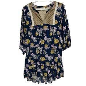 Umgee USA Women's Blue Floral V-Neck Elastic Quarter‎ Sleeve Blouse Size L